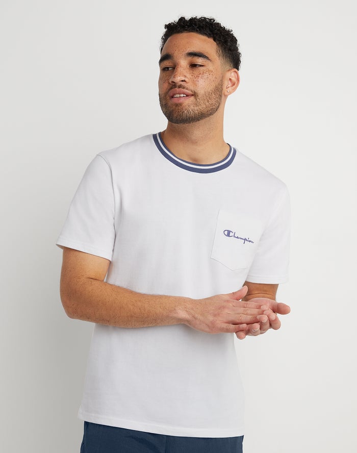 Champion Tipped Collar Pocket Embroidered Script Logo - Miesten Valkoinen T-Paita - Suomi 7231549-UF